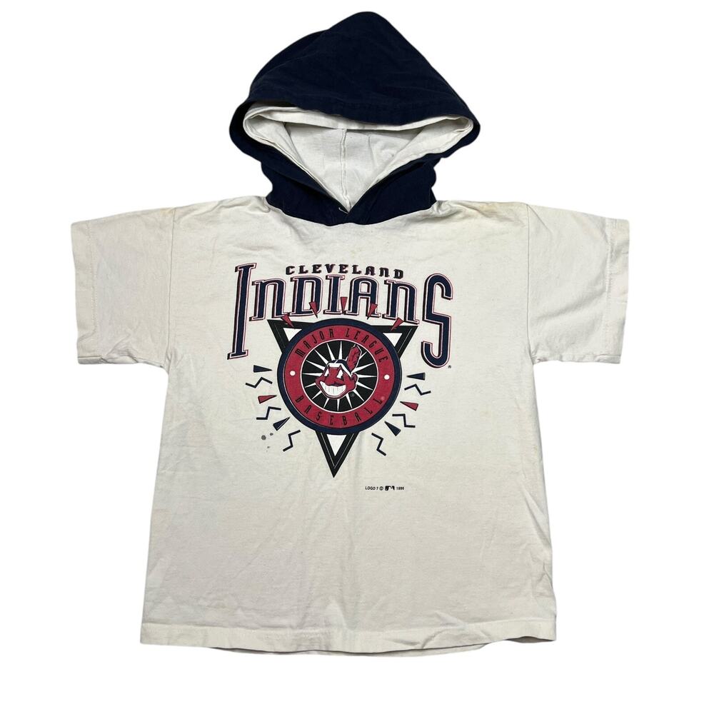 Vintage 90s MLB Cleveland Indians Hooded T-Shirt FLAW White Youth Large 14/16